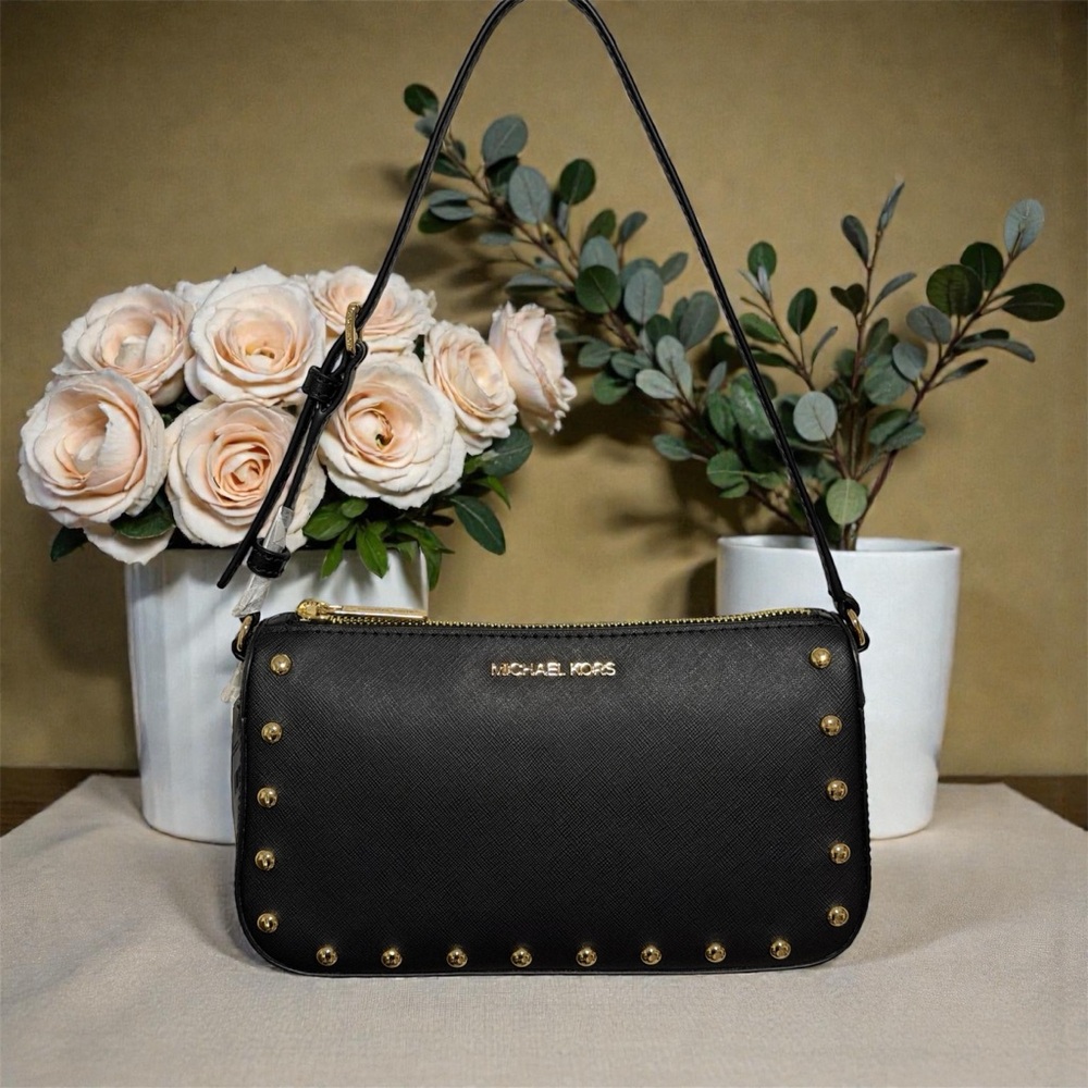 SOLD❣️Michael Kors Jet Set Black and Gold Studded MD Pouchette